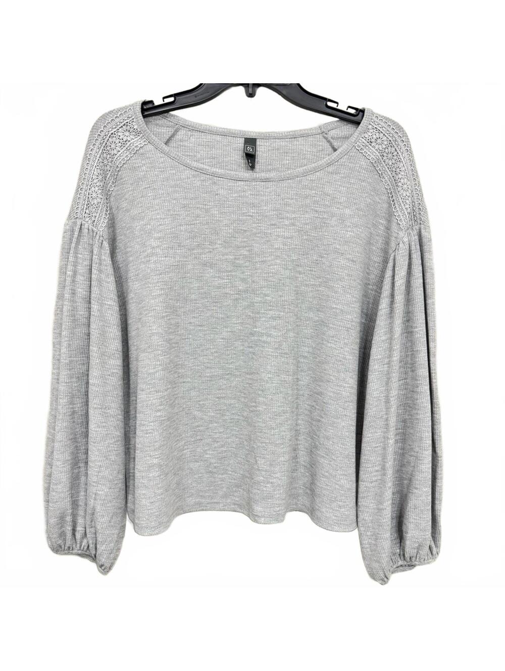 Alya Gray Waffle Knit Balloon Sleeve Blouse Lace Top Cottagecore Small